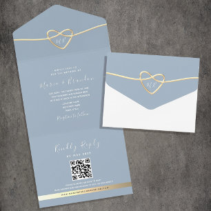 Dusty Blue Gold Wedding Invitation with QR Code