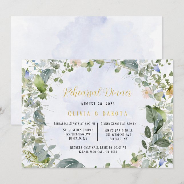 Dusty Blue Gold Wildflowers Rehearsal Dinner Invitation (Front/Back)