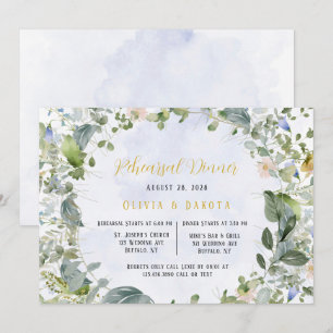 Dusty Blue Gold Wildflowers Rehearsal Dinner Invitation