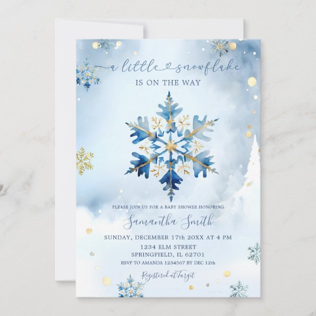 Dusty Blue Gold Winter Snowflake Baby Shower Invitation (Front)