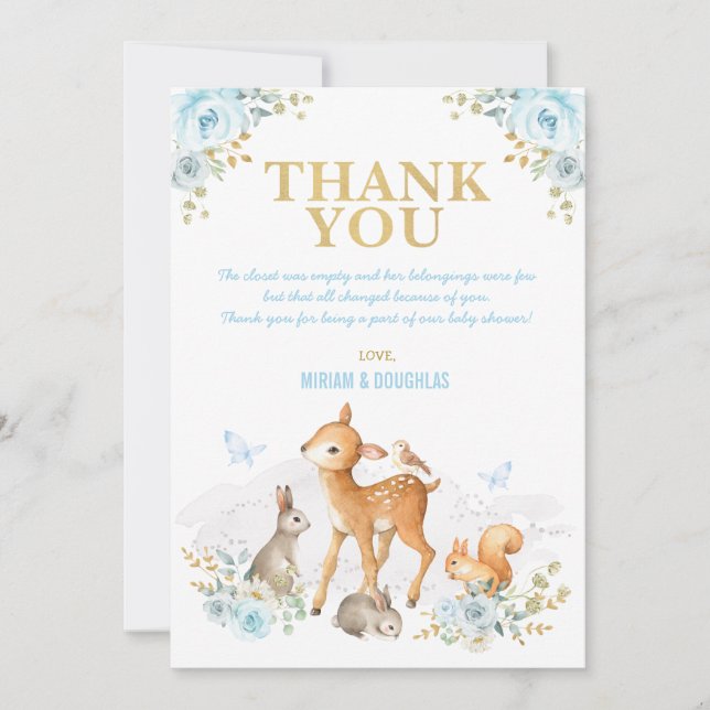 Dusty Blue Gold Woodland Animals Forest Baby Boy Thank You Card (Front)
