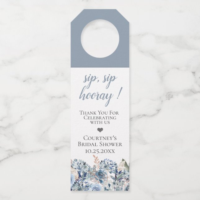 Dusty Blue Golden Botanical Bottle Tag (Front)