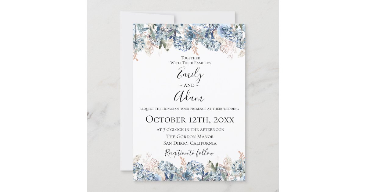 Dusty Blue Golden Botanical Wedding Invitation Zazzle.co.uk
