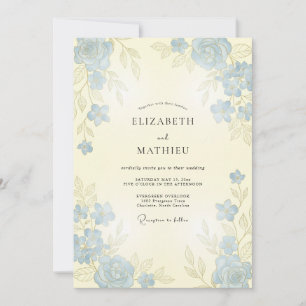 Dusty Blue Graceful Rose Wedding Invitation