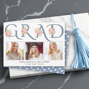 Dusty blue GRAD typography pink roses photo Announcement