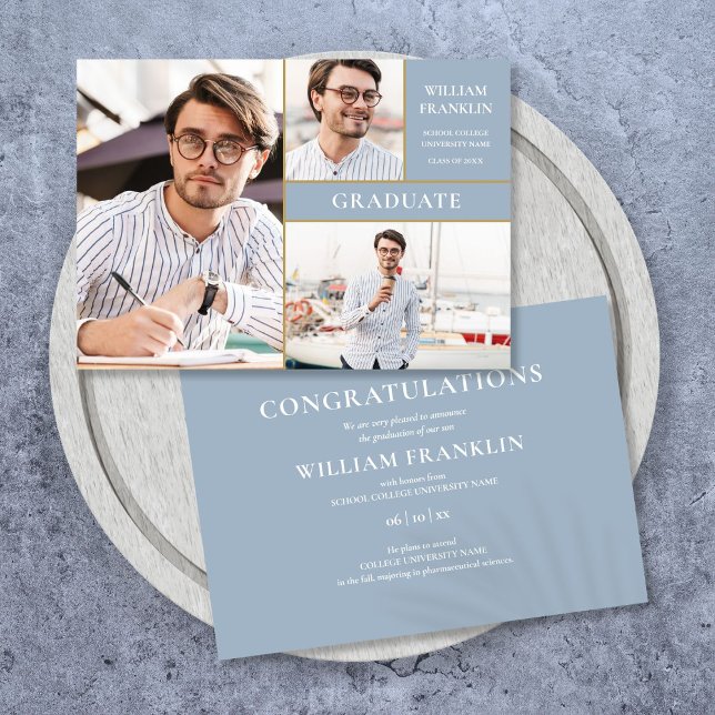 Dusty Blue Graduate Gold 3 Photo Graduation Announcement (Dusty Blue Graduate Gold 3 Photo Graduation Announcement)
