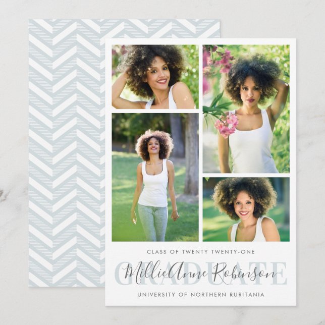 Dusty Blue | Graduate Script 4 Photos Graduation Invitation (Front/Back)