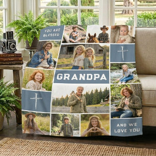 Dusty Blue Grandpa Name 12 Photo Heirloom Fleece Blanket