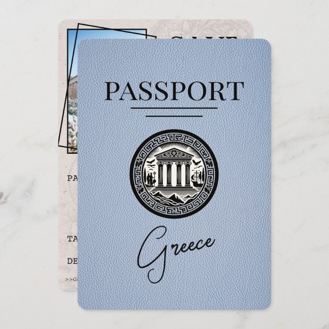 Dusty Blue Greece Passport Save the Date Card (Front/Back)