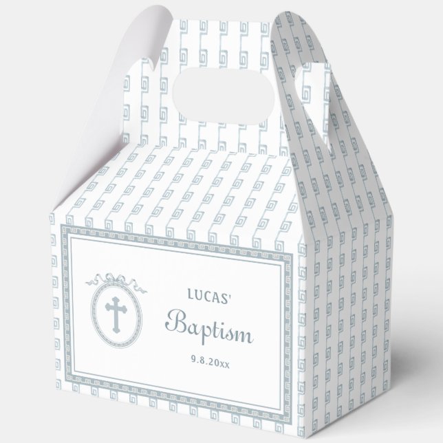 Dusty Blue Greek Frame Baptism Big Gable Favour Box (Front)