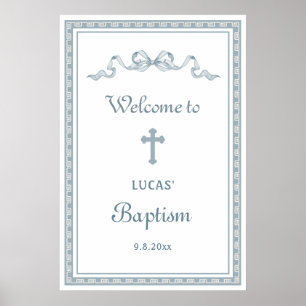 Dusty Blue Greek Frame Baptism Welcome Poster
