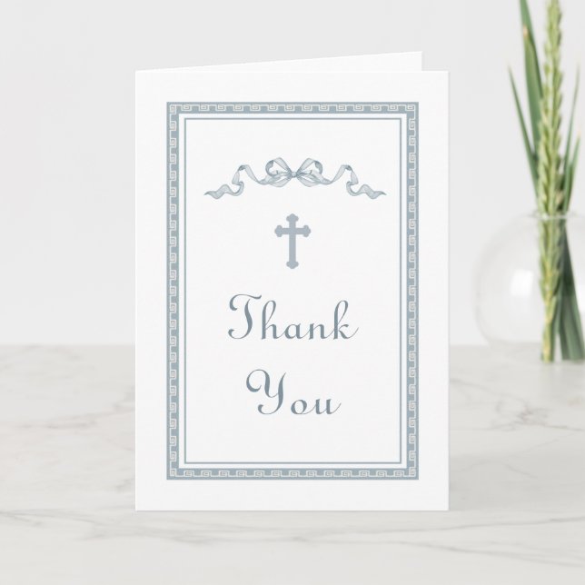Dusty Blue Greek Frame Bow Religious Thank You Card (Front)
