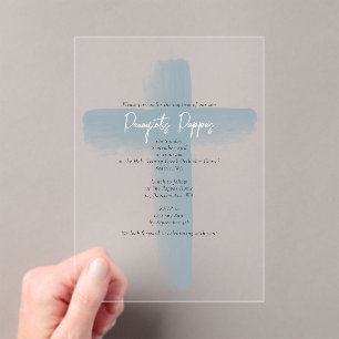Dusty Blue Greek Orthodox Christening Boy Baptism Acrylic Invitations