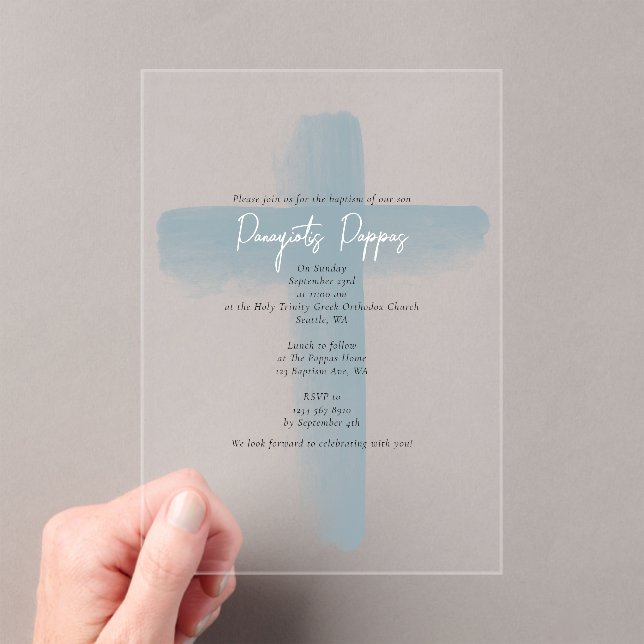 Dusty Blue Greek Orthodox Christening Boy Baptism Acrylic Invitations (Insitu (Handheld))