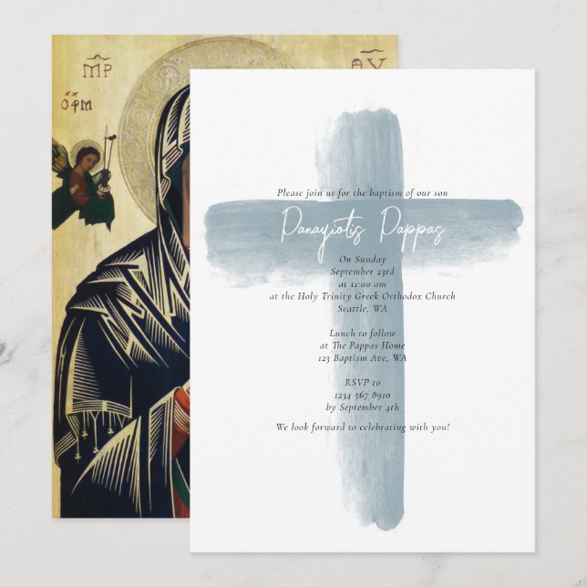Dusty Blue Greek Orthodox Christening Boy Baptism Invitation (Front/Back)