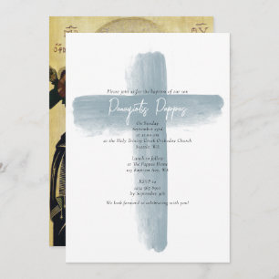 Dusty Blue Greek Orthodox Christening Boy Baptism Invitation