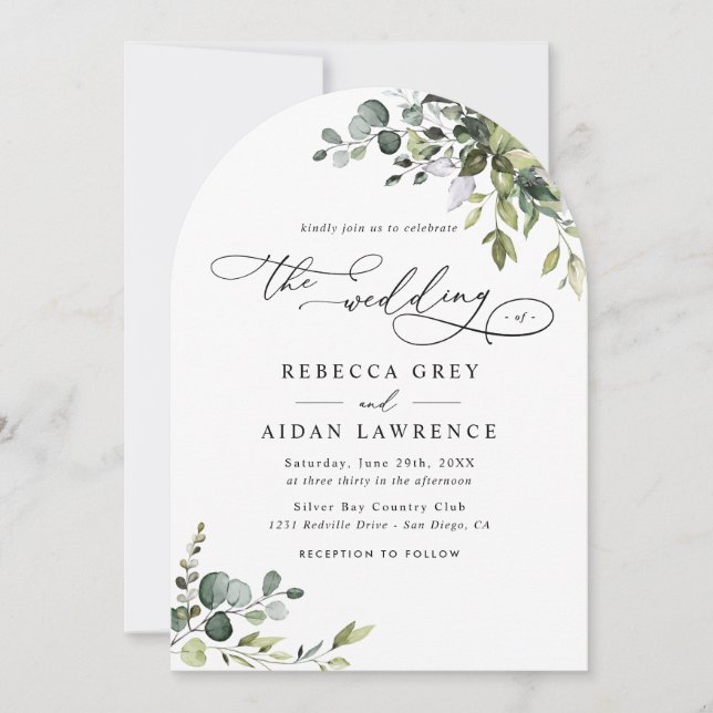 Dusty Blue Green Eucalyptus Greenery Arch Wedding Invitation (Front)