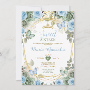 Dusty Blue & Green Floral Butterfly Sweet Sixteen Invitation