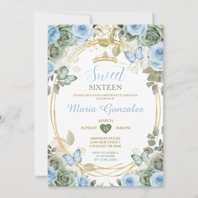 Dusty Blue & Green Floral Butterfly Sweet Sixteen Invitation (Front)