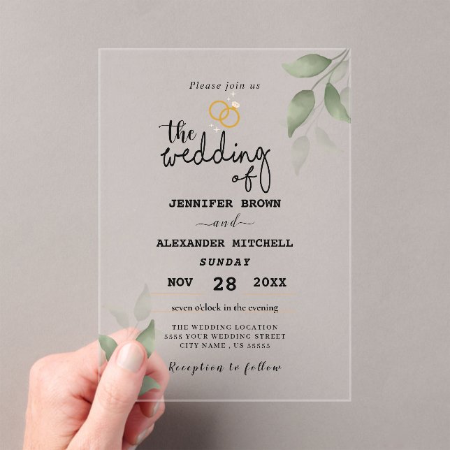 Dusty Blue Green Gold Eucalyptus Greenery Wedding  Acrylic Invitations (Insitu (Handheld))