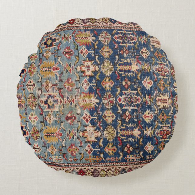 Dusty Blue Green Kuba Yellow Bands  Round Cushion (Front)