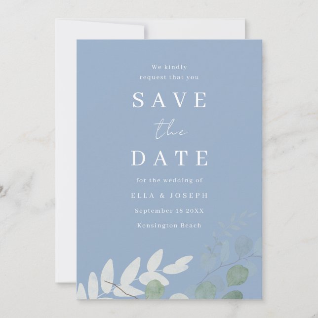 Dusty Blue Green Leaf Elegance Wedding Save The Date (Front)