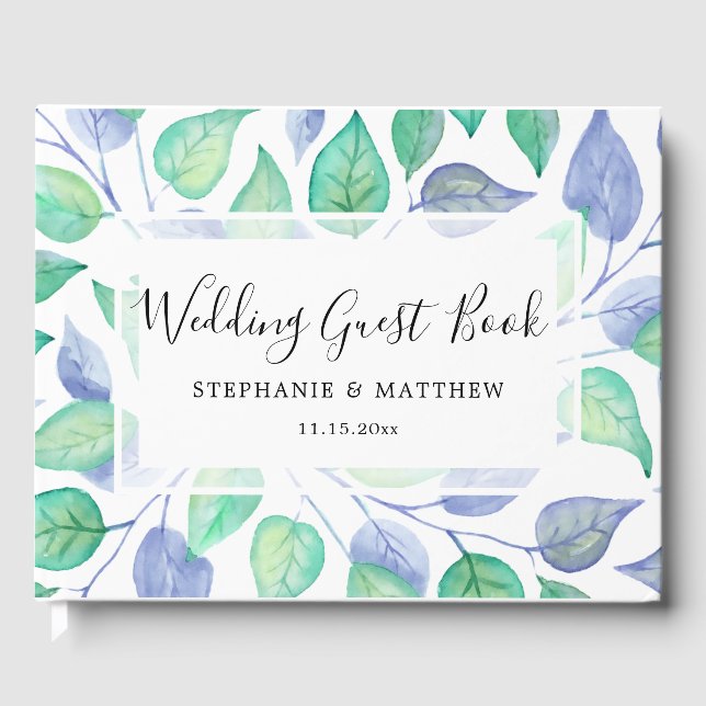 Dusty Blue Green Leaf Watercolor Painted Wedding Guest Book (Front)