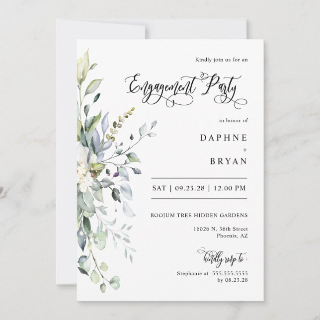 Dusty Blue Green Leaves Engagement Party QR Code Invitation (Front)