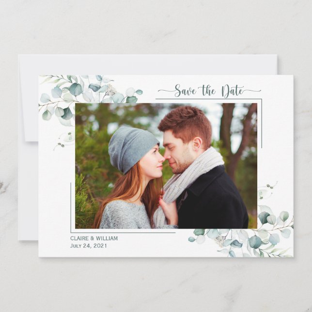 Dusty  Blue Green Leaves Wedding Save the Date (Front)