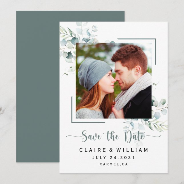 Dusty  Blue Green Leaves Wedding Save the Date (Front/Back)