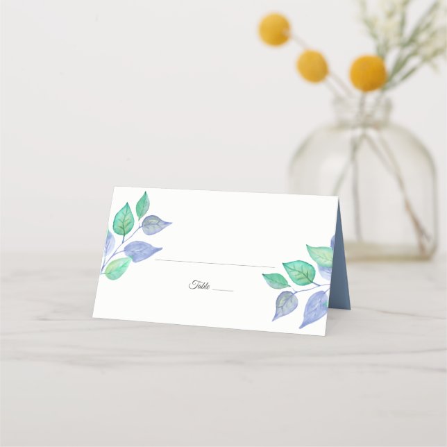 Dusty Blue Green Watercolor Foliage Wedding Place Card (Front)