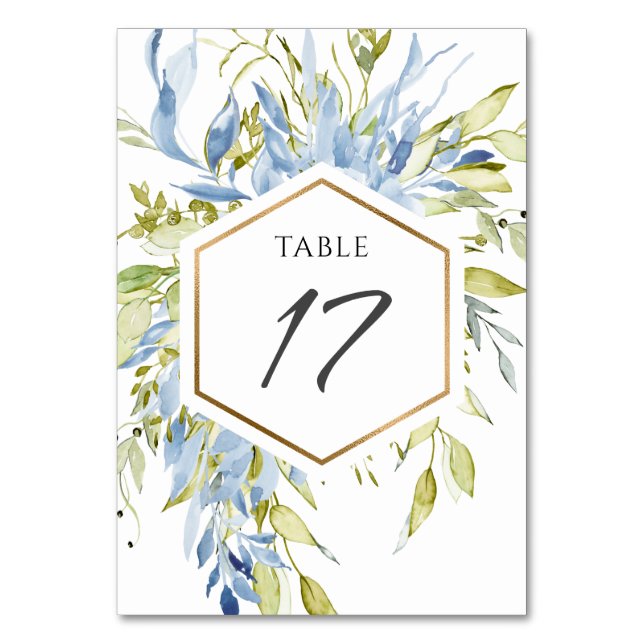 Dusty Blue Green Watercolor Greenery Gold Frame Table Number (Front)