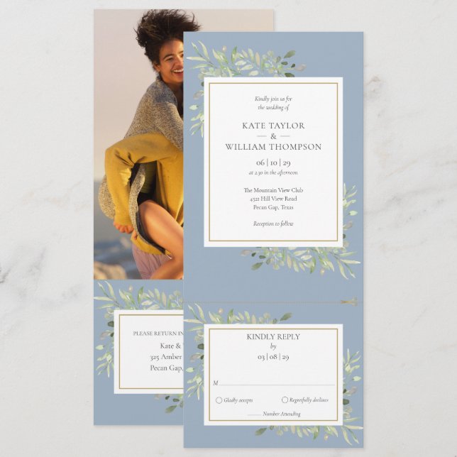 Dusty Blue Greenery All In One Photo Wedding Invit Invitation (Front/Back)