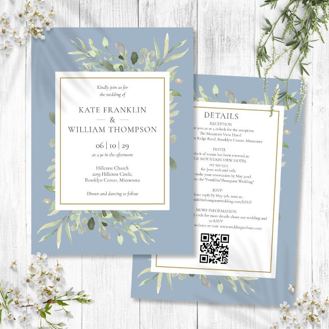 Dusty Blue Greenery All In One QR Code Wedding Invitation (Dusty Blue Greenery All In One QR Code Wedding Invitation)