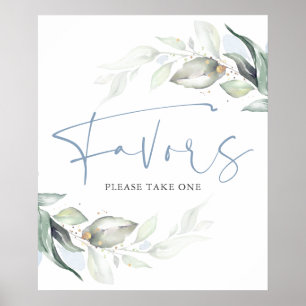 Dusty Blue Greenery and Gold Leaves Favours Sign
