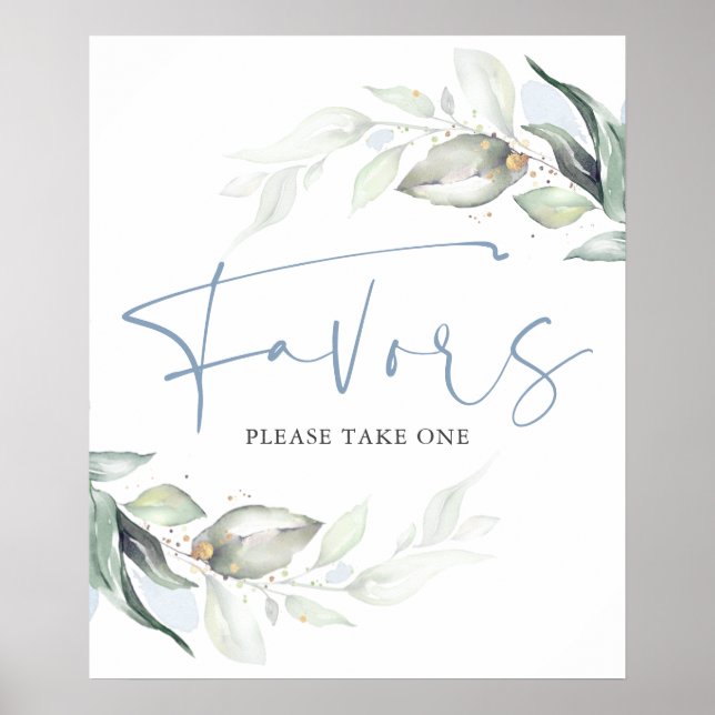 Dusty Blue Greenery and Gold Leaves Favours Sign (Front)