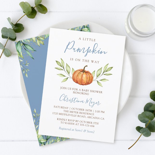 Dusty Blue Greenery Autumn Pumpkin Baby Shower Invitation (Creator Uploaded)