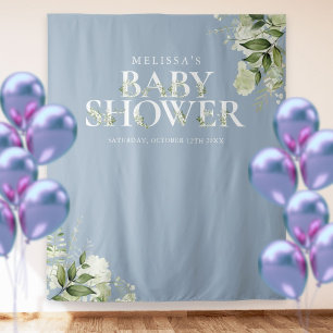 Dusty Blue Greenery Baby Shower Photo Backdrop Tapestry