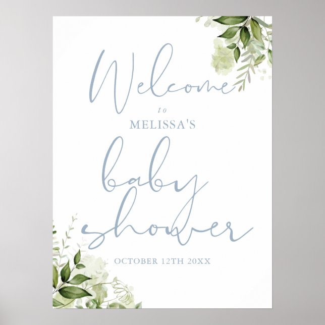 Dusty Blue Greenery Baby Shower Welcome Sign (Front)