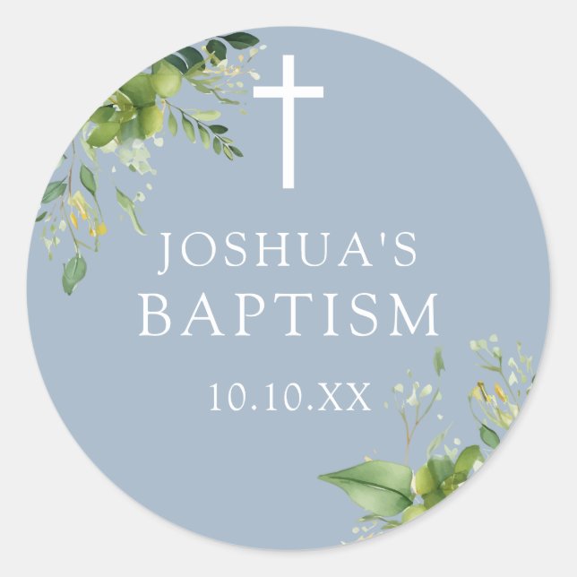 Dusty Blue Greenery Baptism Christening Favour Classic Round Sticker (Front)