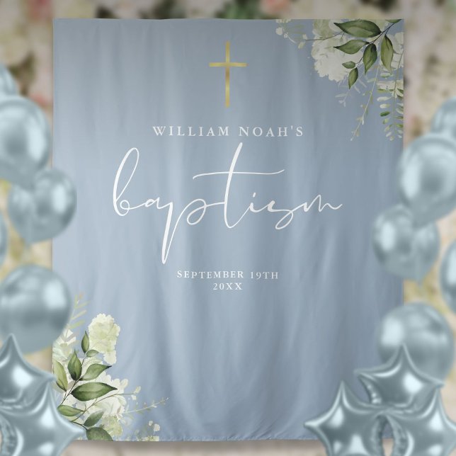 Dusty Blue Greenery Baptism Photo Backdrop Tapestry (Dusty Blue Greenery Baptism Photo Backdrop)