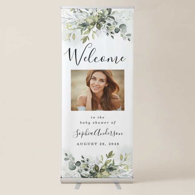 Dusty Blue Greenery Boho Baby Shower Welcome Sign (Front)