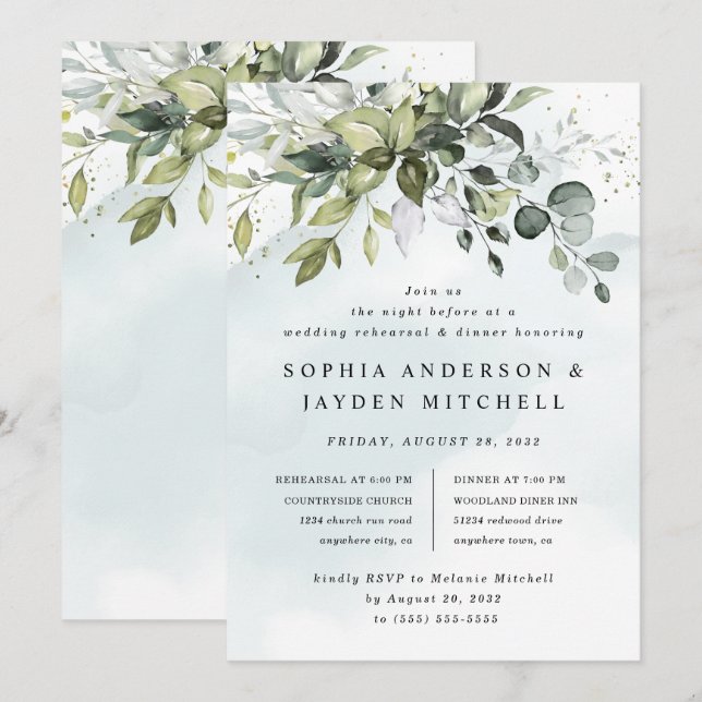 Dusty Blue Greenery Boho Wedding Rehearsal Dinner Invitation (Front/Back)