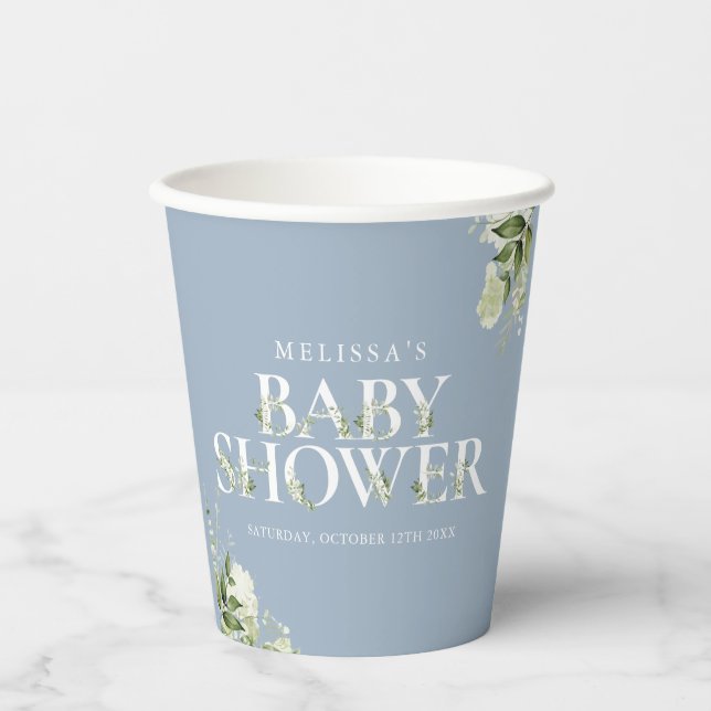 Dusty Blue Greenery Boy Baby Shower Paper Cups (Front)