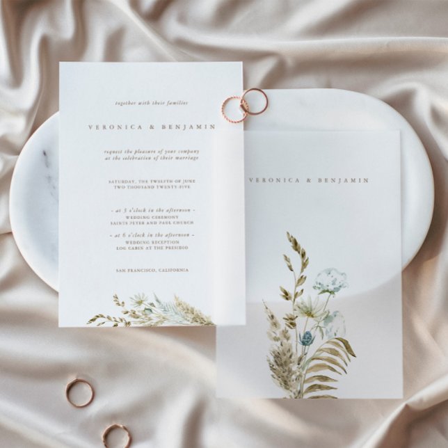 Dusty Blue Greenery & Dried Pampas Grass Wedding  Vellum Invitations (Dusty Blue Greenery & Dried Pampas Grass Wedding Vellum Invitations)