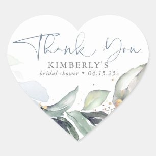 Dusty Blue Greenery Elegant Calligraphy Thank You Heart Sticker