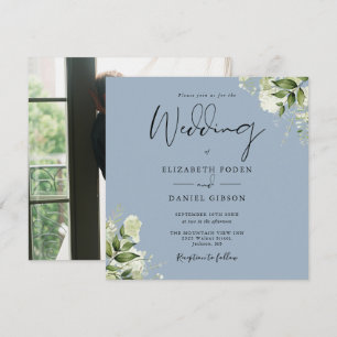 Dusty Blue Greenery Elegant Photo Square Wedding Invitation