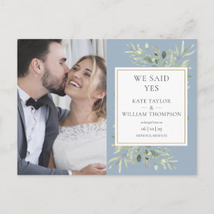 Dusty Blue Greenery Elopement Photo Wedding Announcement Postcard