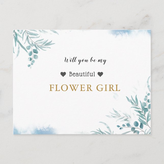 Dusty Blue Greenery Eucalyptus Leaves Flower Girl Invitation Postcard (Front)