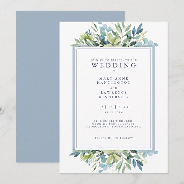 Dusty Blue Greenery Eucalyptus Wedding Invitation (Front/Back)